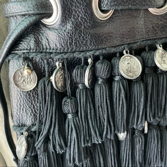 STELA 9 Leather Katari Coin Bucket Bag Black Fringe Tassels - Picture 4 of 11